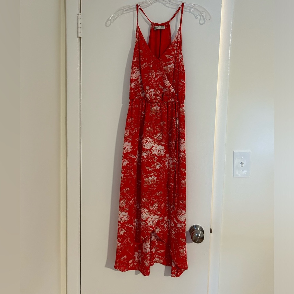 Midi and high low red floral dress
